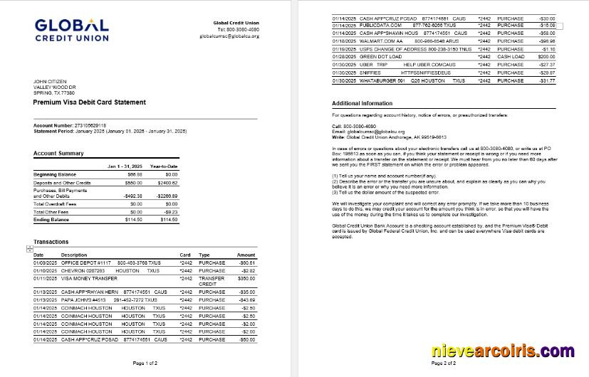 USA Alaska Global Credit Union bank statement, Word and PDF, 2 pages